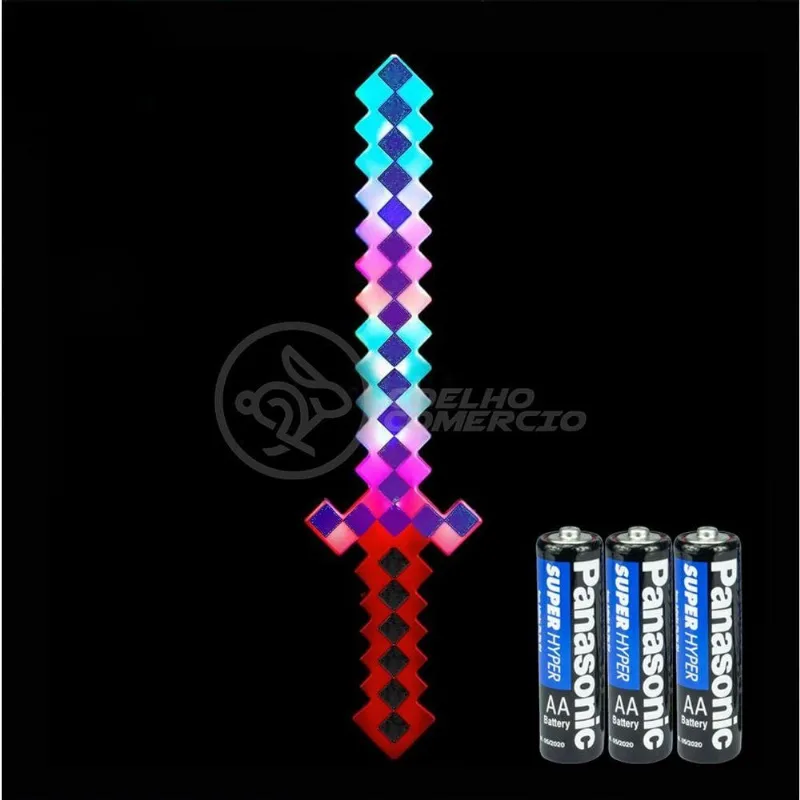 Kit Brinquedo Espada Pixel Minecraft 58cm C/Som Luz+3 Pilhas