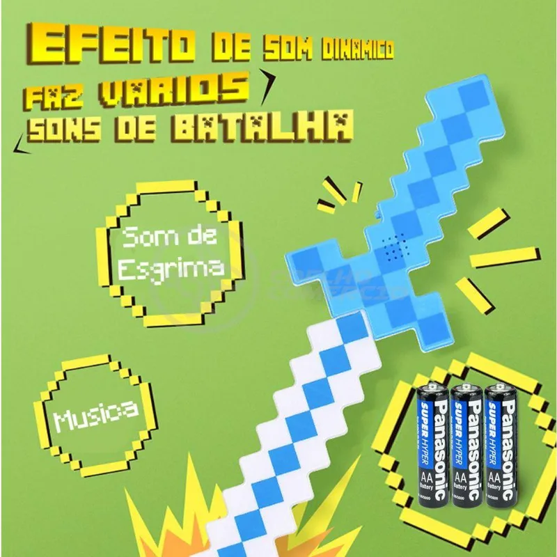 Kit Brinquedo Espada Pixel Minecraft 58cm C/som Luz+3 Pilhas