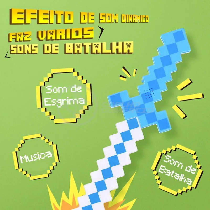 Kit Brinquedo Espada Pixel Minecraft 58cm C/som Luz+3 Pilhas