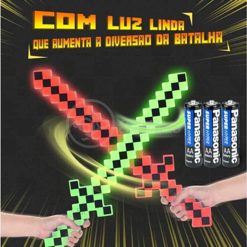 Kit Brinquedo Espada Pixel Minecraft 58cm C/som Luz+3 Pilhas