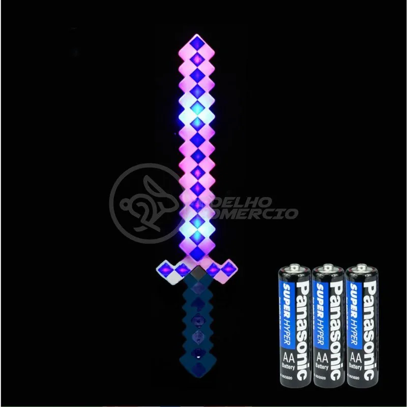 Kit Brinquedo Espada Pixel Minecraft 58cm C/som Luz+3 Pilhas