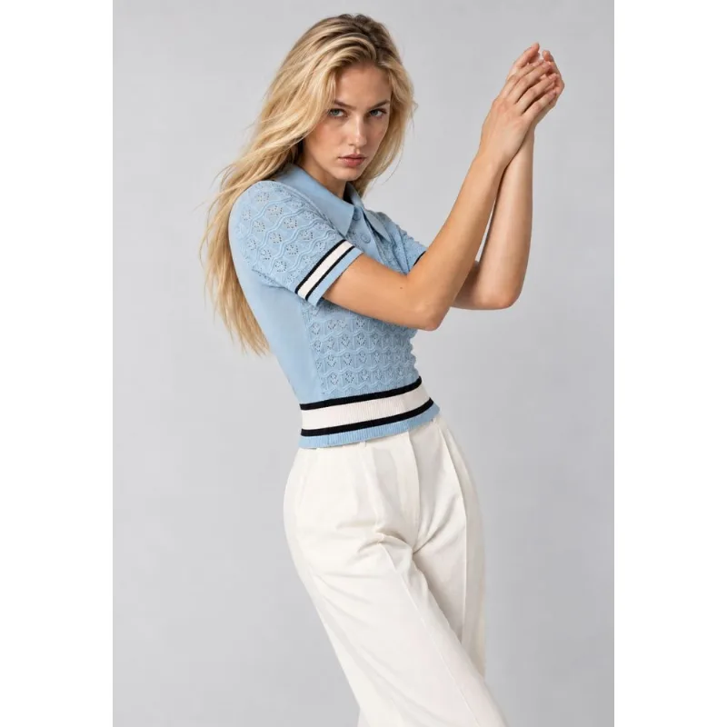 Blusa Tricot Gola Polo com Textura e Barra Listrada Azul Salvatore Tamanho G