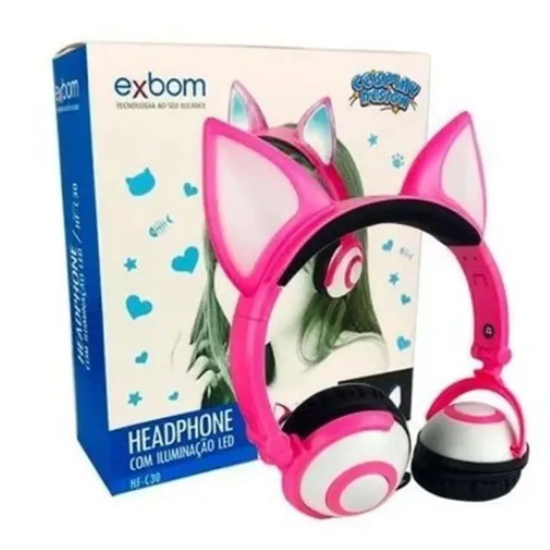 Fone de Ouvido Headphone Cosplay com Iluminação de Led Usb Cor Rosa