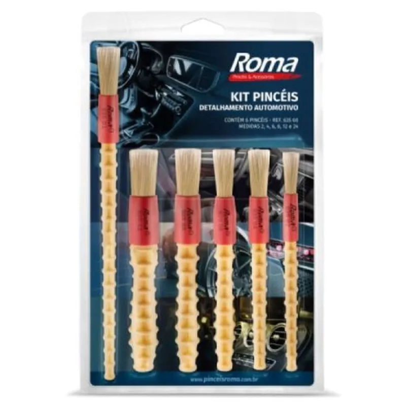 Kit 6 Pincéis Detalhamento Automotivo Cerdas Sintéticas - Tamanhos 2,4,6,8,12 e 24 - Roma - Utilidades Domesticas