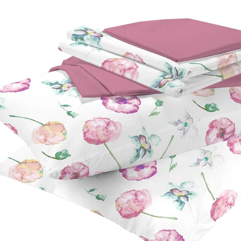 Jogo de Cama Casal 150 Fios Camesa Microfibra Victoria 4 Peças Estampa Floral Rosa e Branco