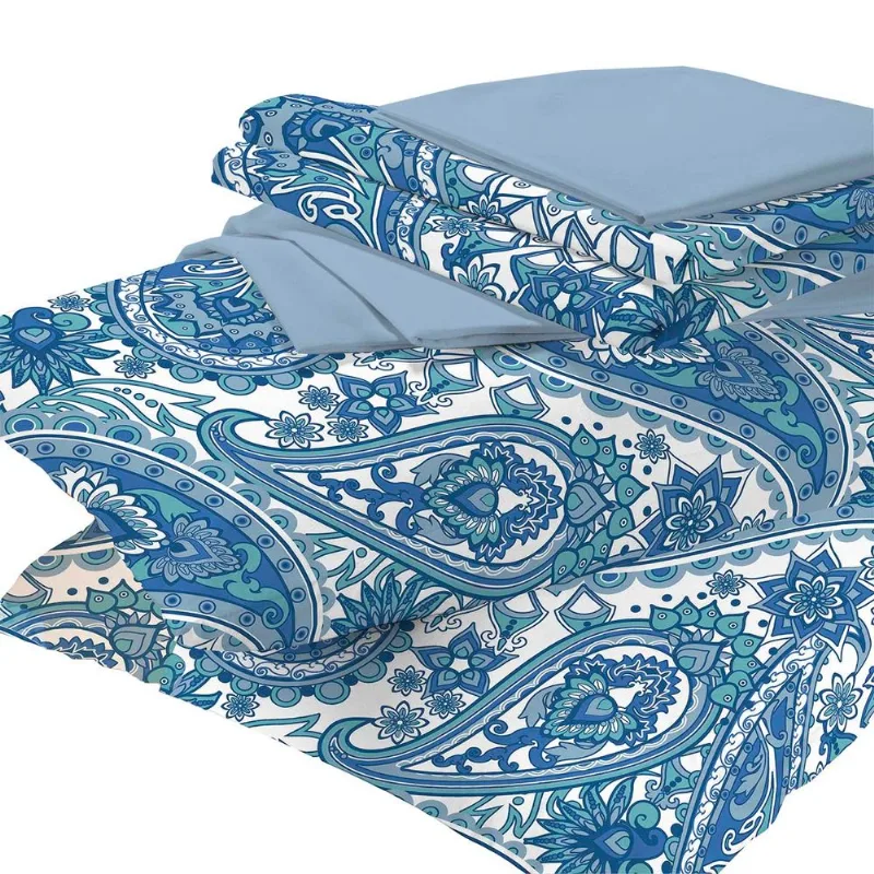 Jogo de Cama Casal 150 Fios Camesa Microfibra Kaila 4 Peças Estampa Arabesco Azul