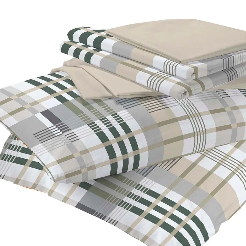 Jogo de Cama Casal 150 Fios Camesa Microfibra Comino 4 Peças Estampa Xadrez Bege e Branco