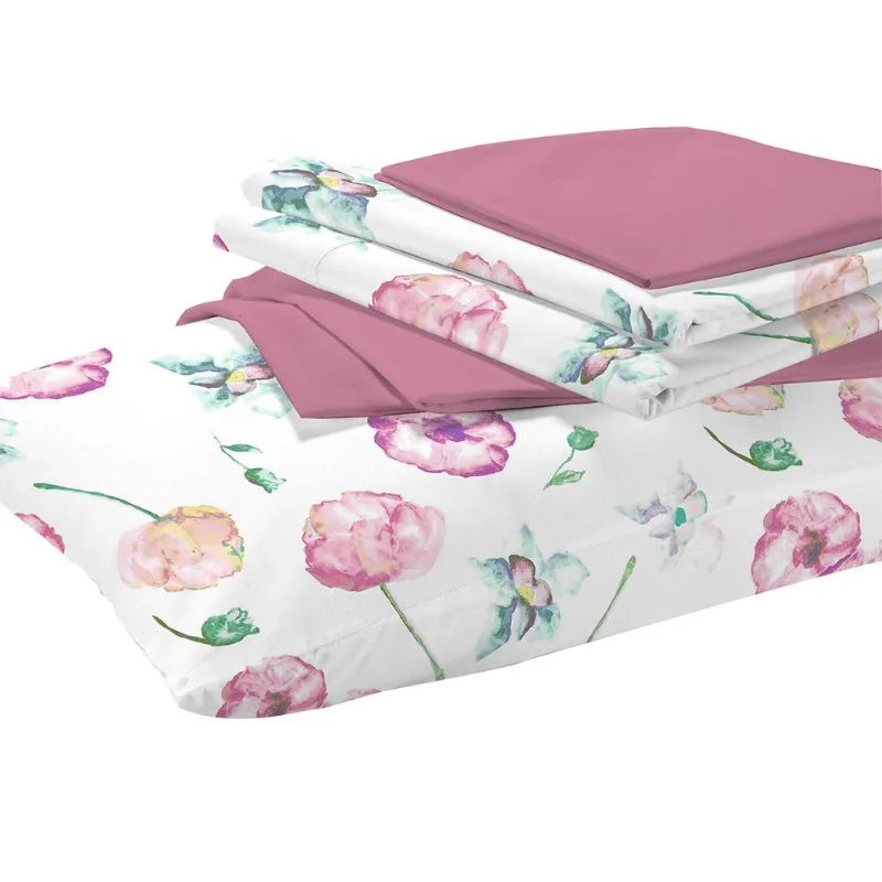 Jogo de Cama Solteiro 150 Fios Camesa Microfibra Victoria 3 Peças Estampa Floral Rosa e Branco