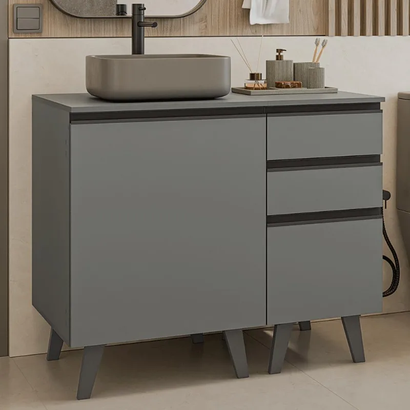 Gabinete para Banheiro 100cm 1 Porta 3 Gavetas Cinza Nice Madesa 04
