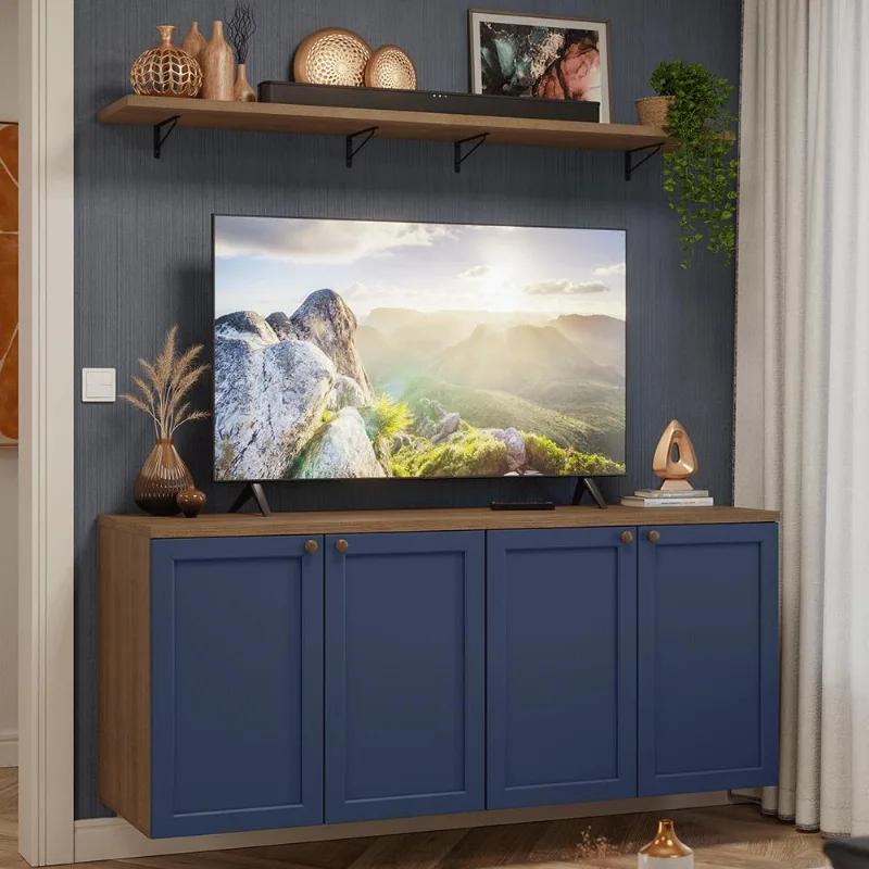Rack para TV até 70 Polegadas + Prateleiras 160cm Rustic/Azul Vik Madesa 05