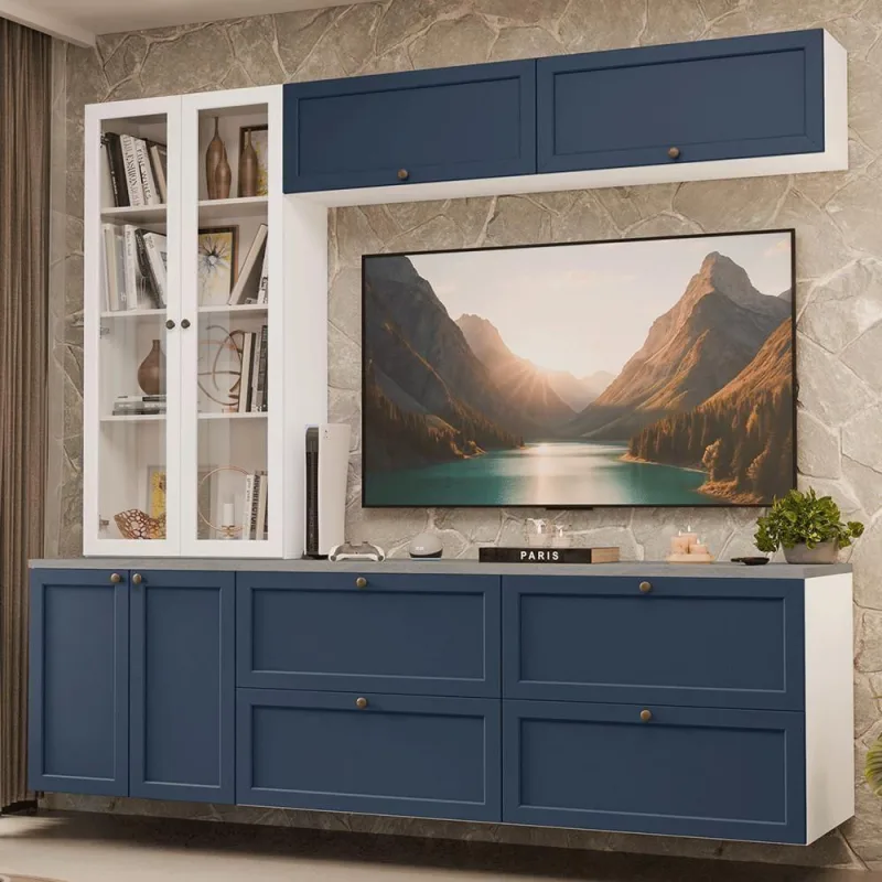 Estante Sala De Estar Com Rack + Cristaleira 230cm Vik Madesa 01 Branco-azul - Madesa - Móveis