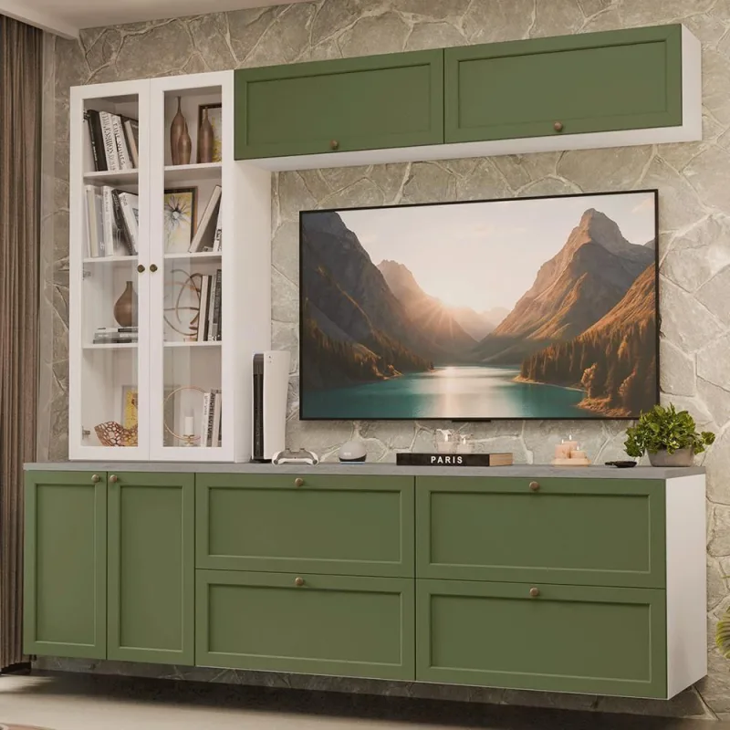 Estante Sala De Estar Com Rack + Cristaleira 230cm Vik Madesa 01 Branco-verde - Madesa - Móveis