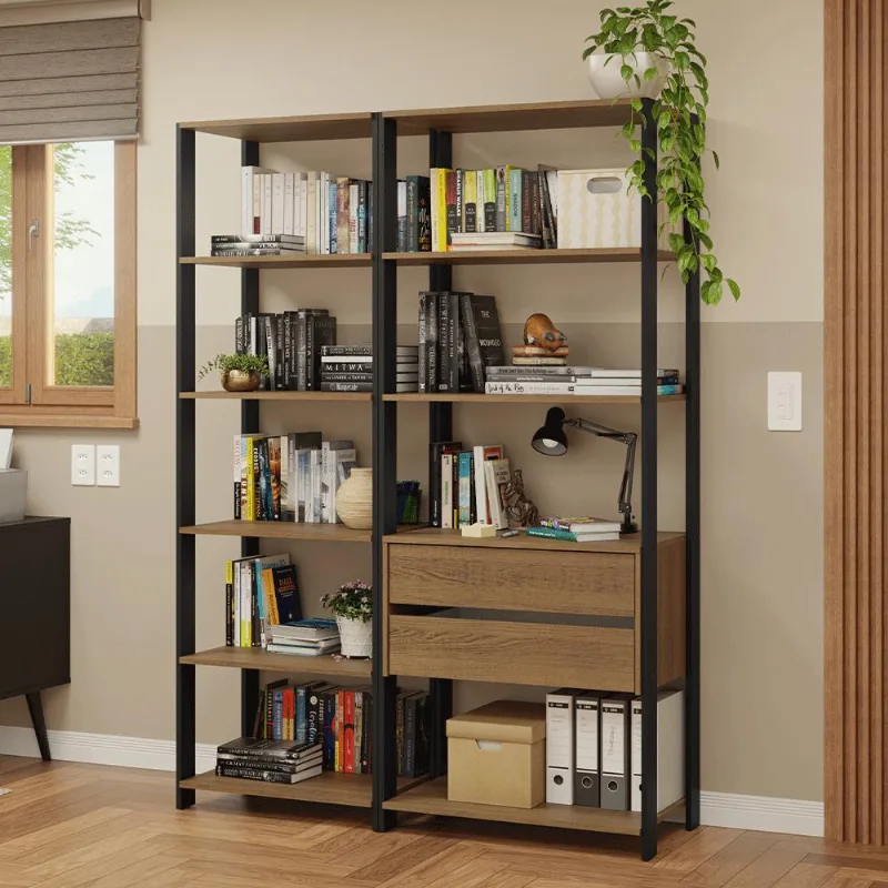 Estante Armário Multiuso para Escritório 129cm 9 Prateleiras 2 Gavetas Rustic/Preto Madesa - Madesa