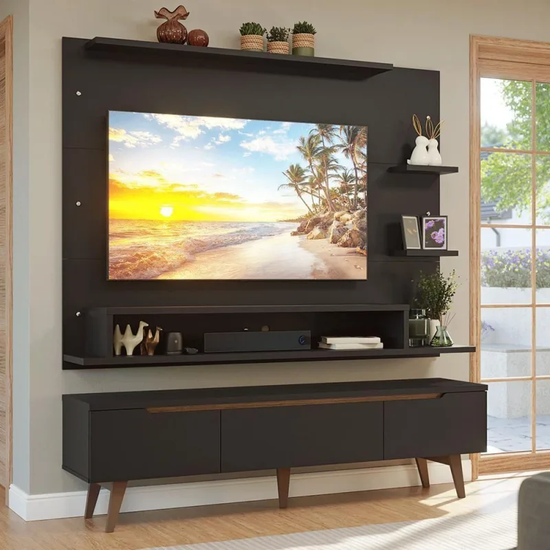 Rack Com Painel Para Tv Até 60 Polegadas 180 Cm Com Pés Preto/rustic Reims Madesa Preto/rustic - Madesa - Móveis