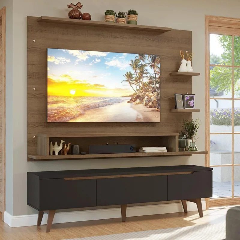 Rack Com Painel Para Tv Até 60 Polegadas 180 Cm Com Pés Rustic/preto/rustic Reims Madesa Rustic/preto/rustic - Madesa - Móveis
