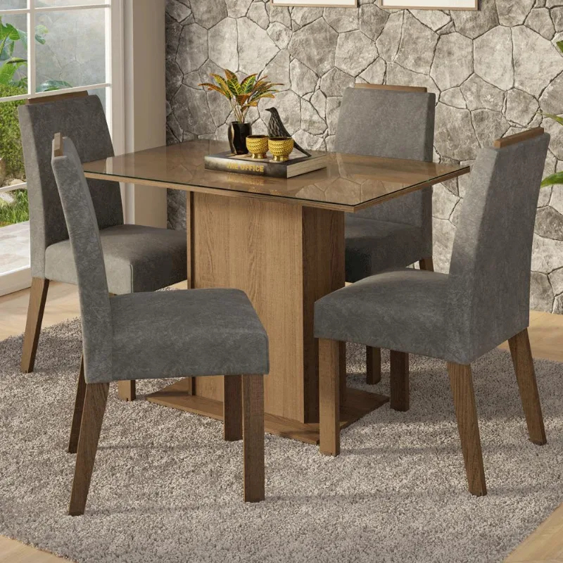 Conjunto Sala de Jantar Tampo de Vidro 4 Cadeiras Rustic/Silver Jasmin Madesa - Madesa