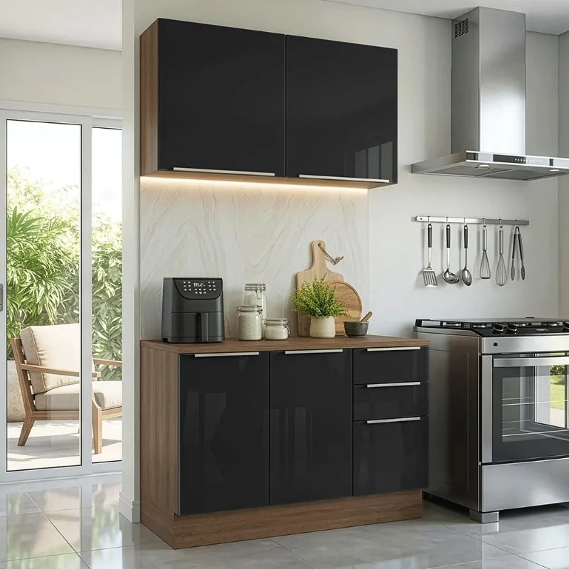 Armário de Cozinha Compacta 120 x 60 cm Rustic/Preto Lux Madesa 02 - Madesa