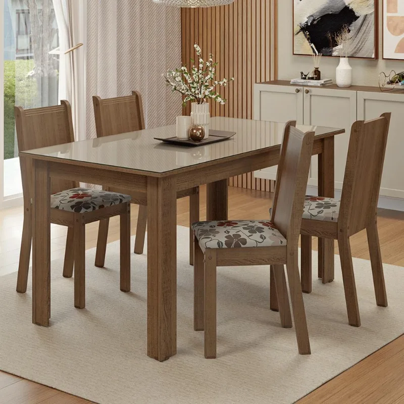Conjunto Sala de Jantar Avelã Mesa Tampo de Vidro 4 Cadeiras Madesa
