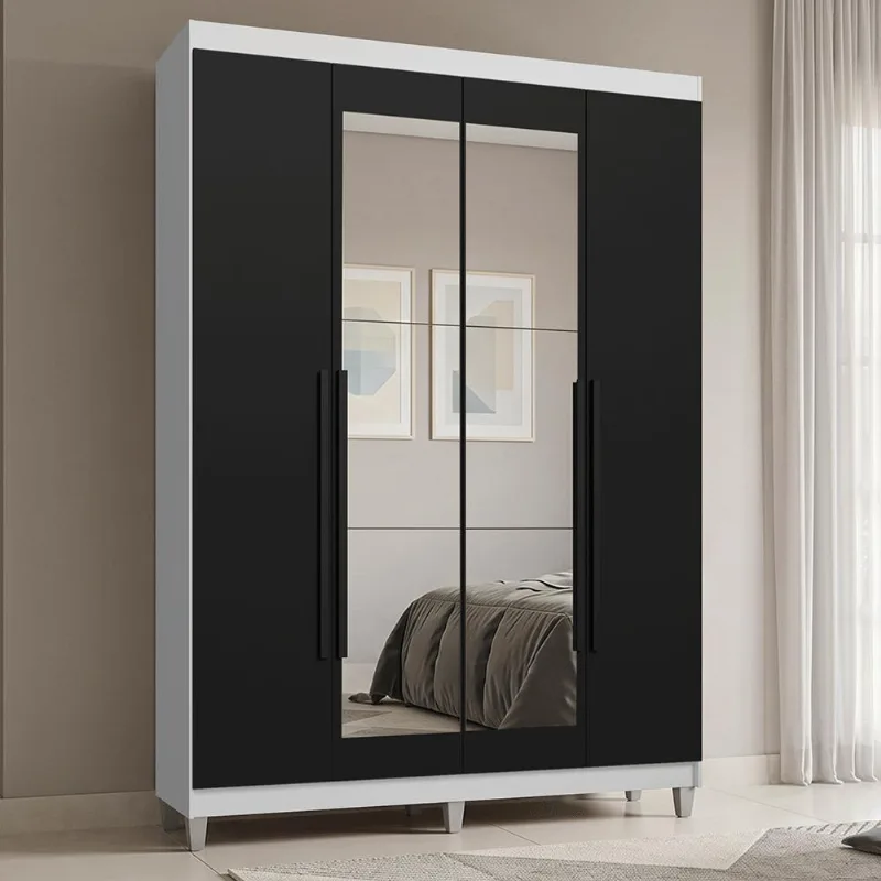 Guarda-Roupa Solteiro com Pés 4 Portas Batentes com Espelho Branco/Preto/Preto Saturno Madesa - Madesa