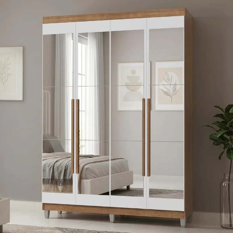 Guarda-Roupa Solteiro com Pés 4 Portas Batentes com Espelhos Netuno Madesa R
