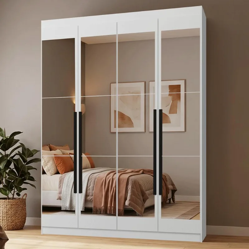 Guarda-Roupa Solteiro 4 Portas Batentes com Espelhos Branco/Branco/Preto Netuno Madesa