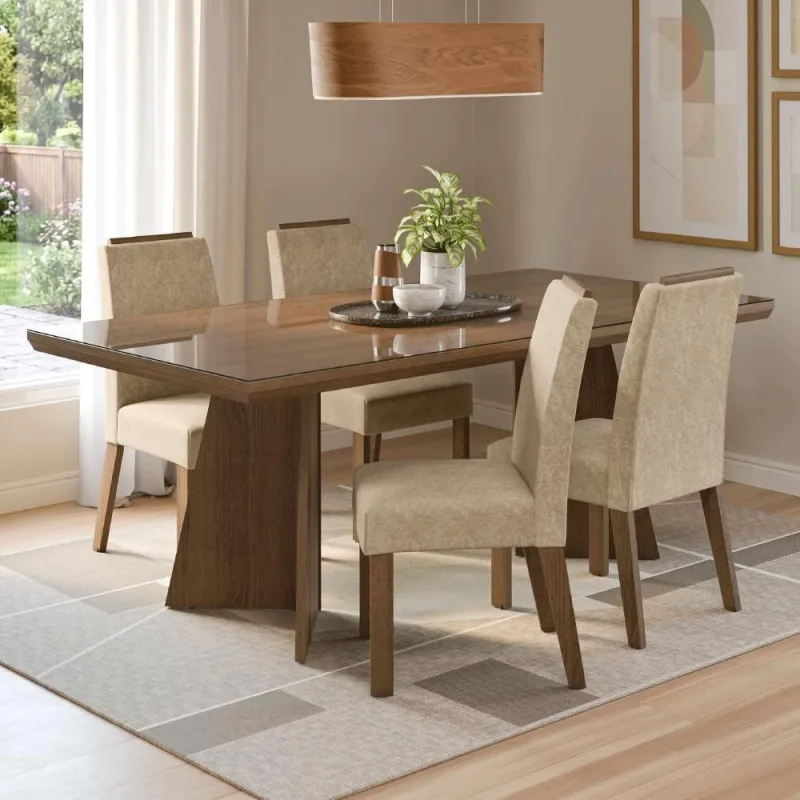 Conjunto Sala de Jantar Todi 4 Lugares Tampo em Vidro Marrom 160CM Madesa - Madesa - Móveis