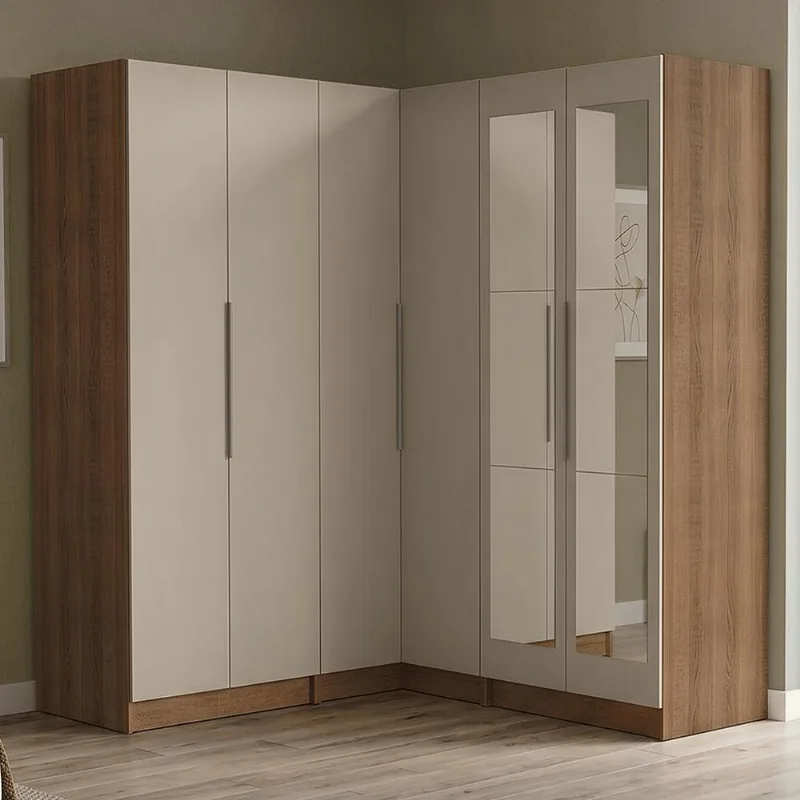 Guarda-Roupa Modulado de Canto 350 cm 6 Portas com Espelhos 4 Gavetas Rustic/Crema Neo Madesa 02