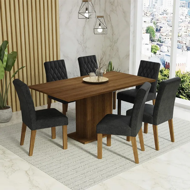 Conjunto Sala de Jantar Mesa Tampo de Madeira 6 Cadeiras Hanna Madesa
