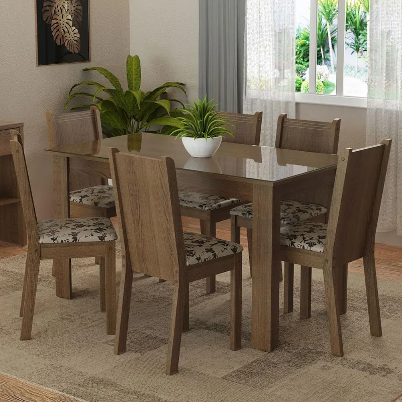 Conjunto Sala de Jantar Mesa Tampo de Vidro 6 Cadeiras Isla Madesa