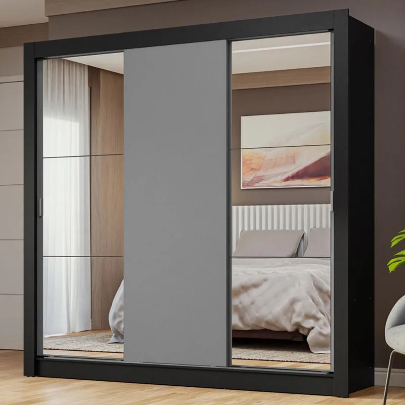 Guarda-Roupa Casal 3 Portas de Correr com Espelhos Preto/Cinza Nobre Madesa