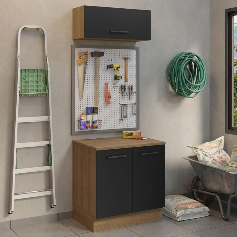 Kit Balcão E Armário Aéreo 80cm Rustic/Preto - Madesa - Móveis
