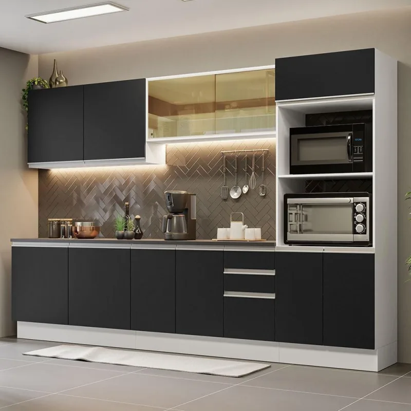 Armário De Cozinha Completa 100% Mdf 310cm 01 Branco/preto - Madesa - Móveis