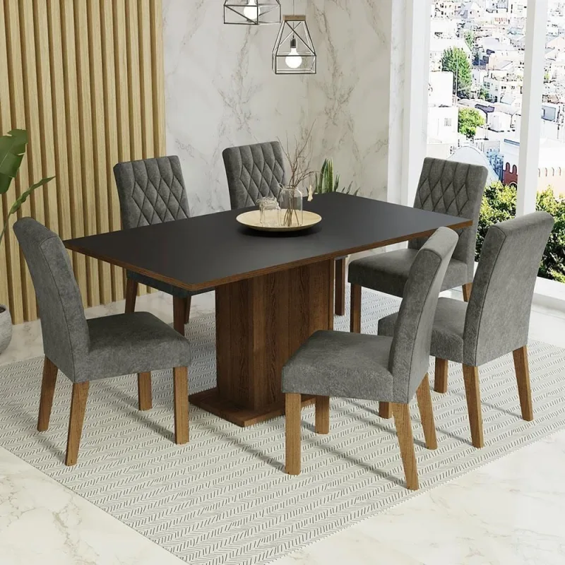Conjunto Sala De Jantar Mesa Tampo De Madeira 6 Cadeiras - Madesa - Móveis