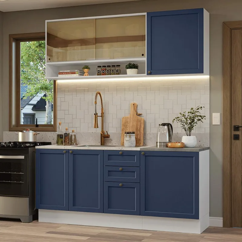 Armário de Cozinha Compacta 180 cm Branco/Azul Vik Madesa 04 - Madesa
