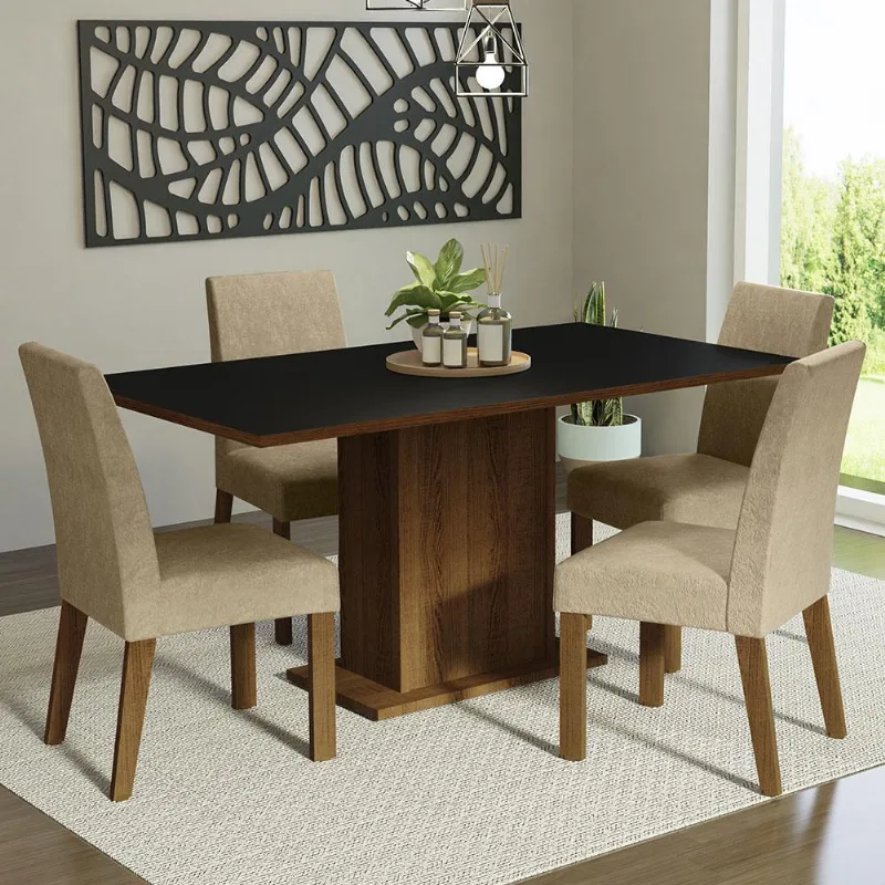 Conjunto Sala de Jantar Mesa Tampo de Madeira 4 Cadeiras Rustic/Preto/Imperial Keila Madesa