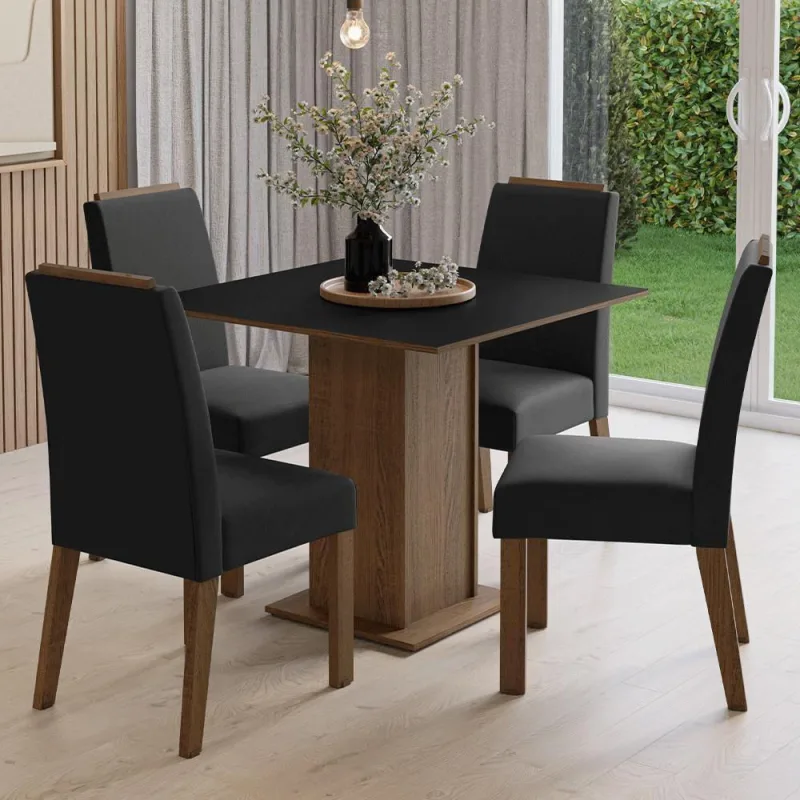 Conjunto Sala De Jantar Tampo De Madeira 4 Cadeiras Rustic/preto/oxford Aspen Madesa - Madesa - Móveis
