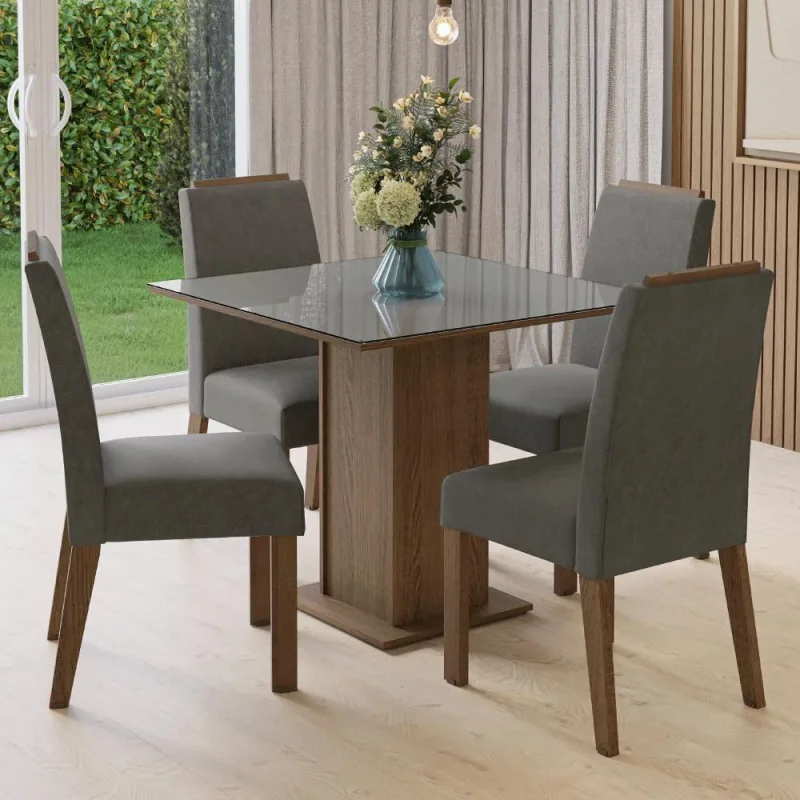 Conjunto Sala De Jantar Tampo De Vidro 4 Cadeiras Rustic/cinza/silver Sines Madesa - Madesa - Móveis