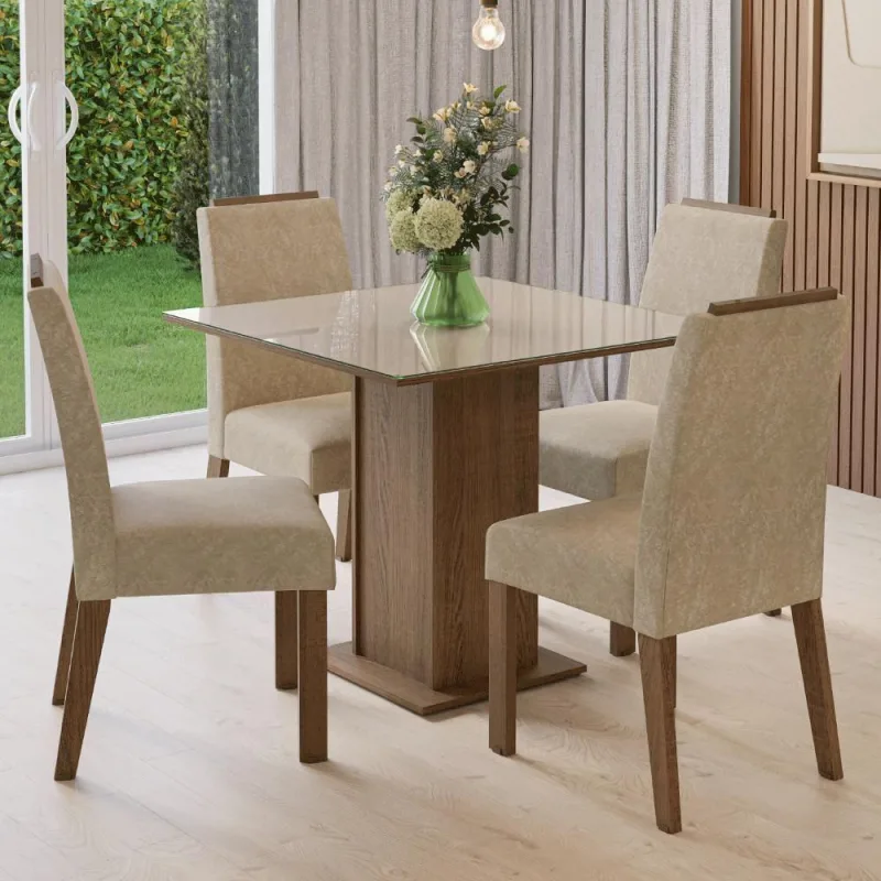 Conjunto Sala De Jantar Tampo De Vidro 4 Cadeiras Rustic/crema/imperial Sines Madesa - Madesa - Móveis