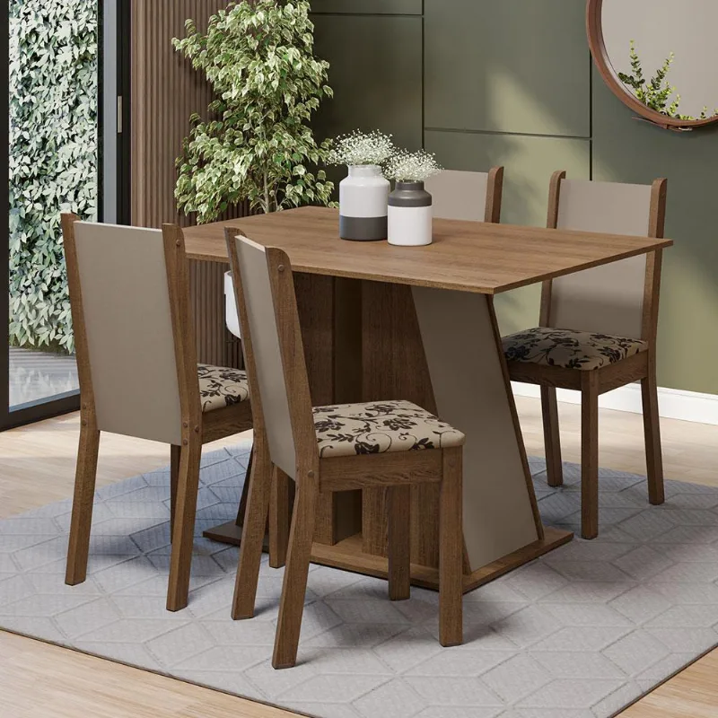 Conjunto Sala de Jantar Mesa Tampo de Madeira 4 Cadeiras Rustic/Crema/Bege Marrom Sophie Madesa