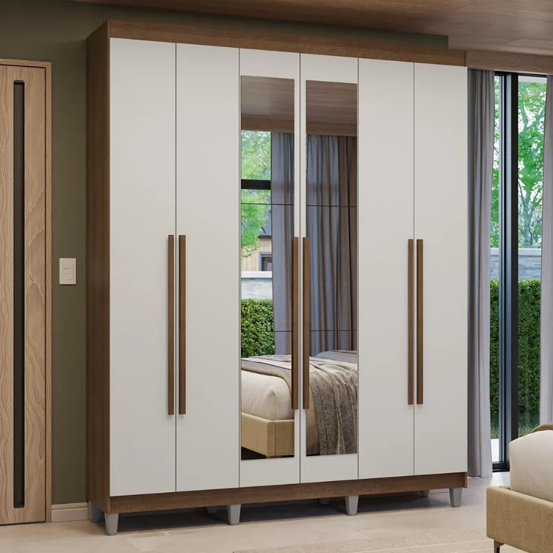 Guarda-Roupa Casal com Pés 6 Portas Batentes com Espelho Rustic/Branco/Rustic Venus Madesa - Madesa