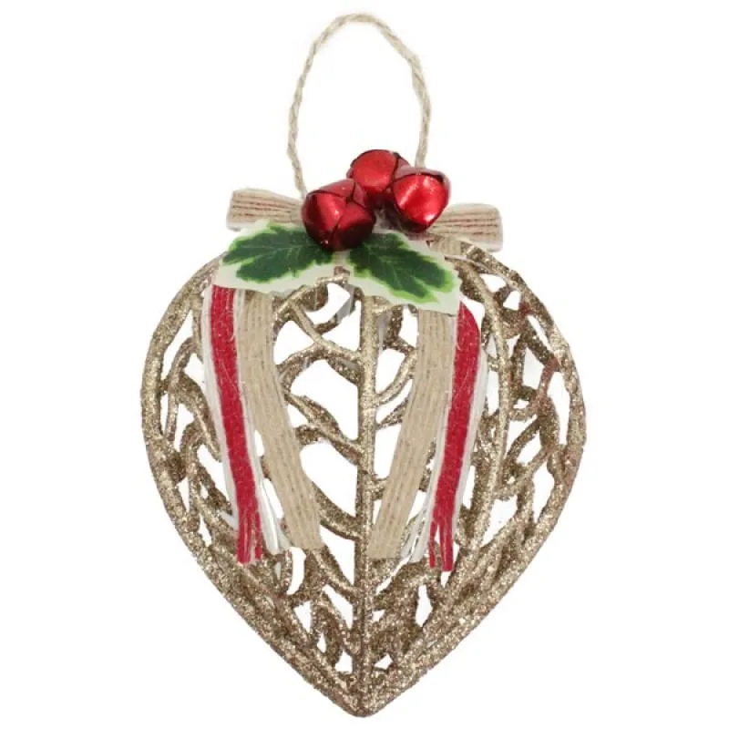 Conjunto 9 Peças Decoração Enfeite Bola Coração Árvore Natal Dourada Glitter Natalina 11,5cm - Genérico - Natal