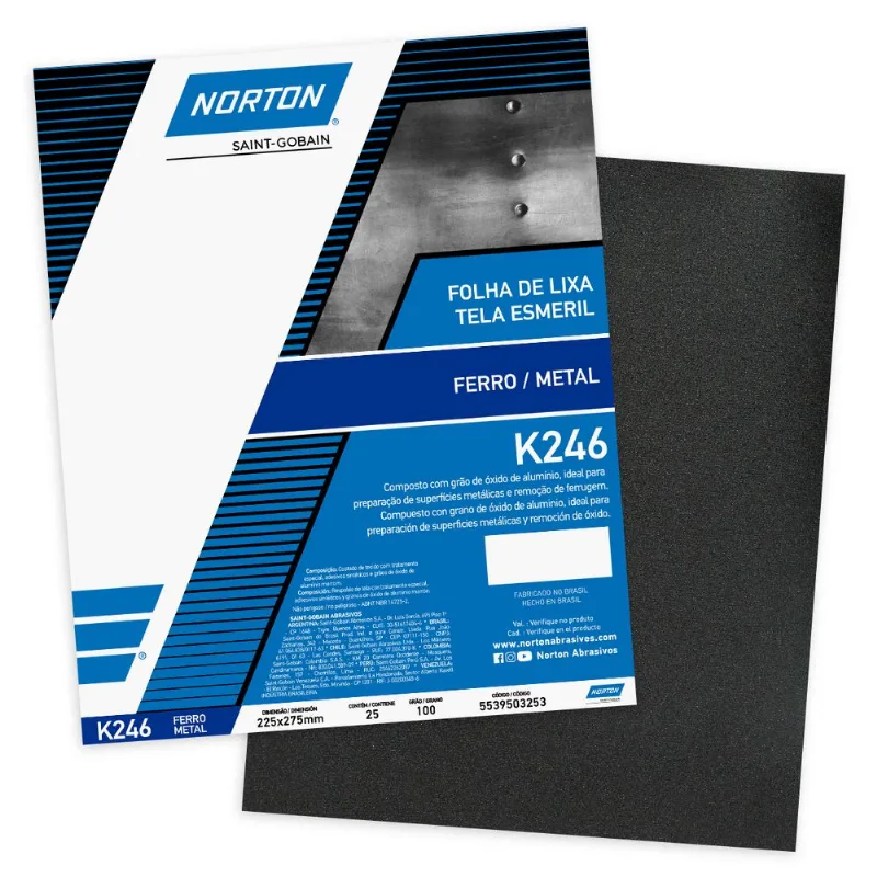 Lixa para Ferro e Metal K246 Grão 100 Norton 25 folhas 5539503253 5539503253