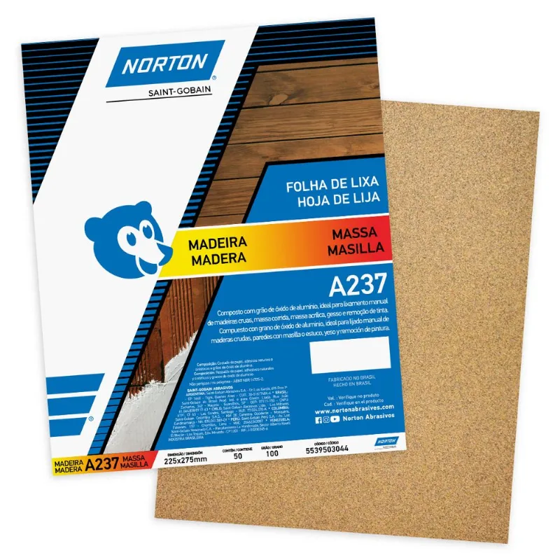 Lixa para Madeira e Massa A237 Grão 100 Norton 50 folhas 5539503044 5539503044