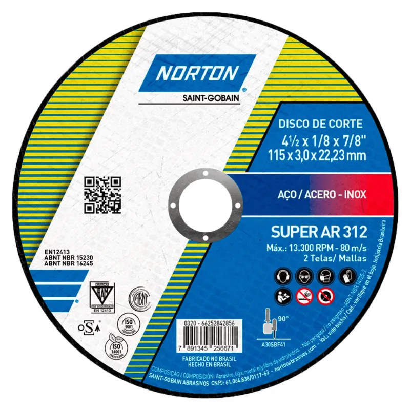 Disco de Corte p/ Aço 4.1/2'' Norton 115,0x3,0x22,22mm - AR312 66252842856