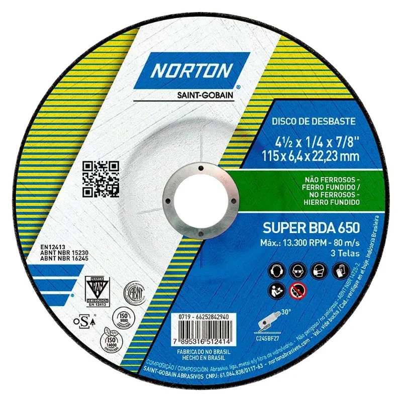 Disco de Desbaste para Ferro Fundido Norton 115x6,4x22,23mm - BDA650 66252842940