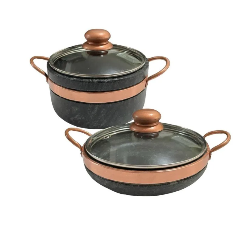 Frigideira + Panela De Pedra Sabão Com Tampas De Vidro Com Pegador Exclusivo - OUTRAS - Utilidades Domesticas