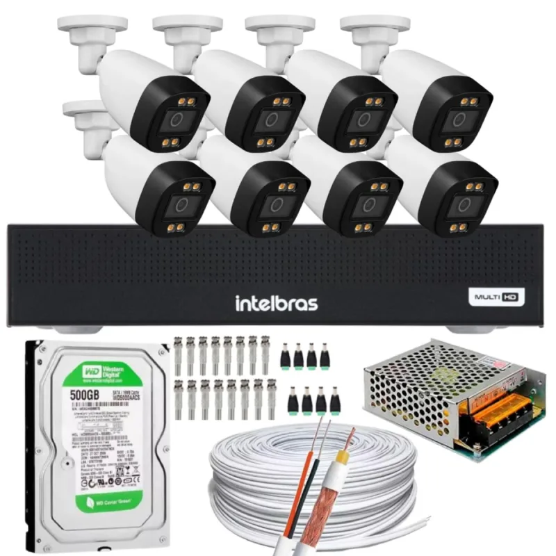 Kit 8 Câmeras Segurança FullColor Colorido Dia e Noite Dvr Intelbras 1008c Hd 500gb - Intelbras