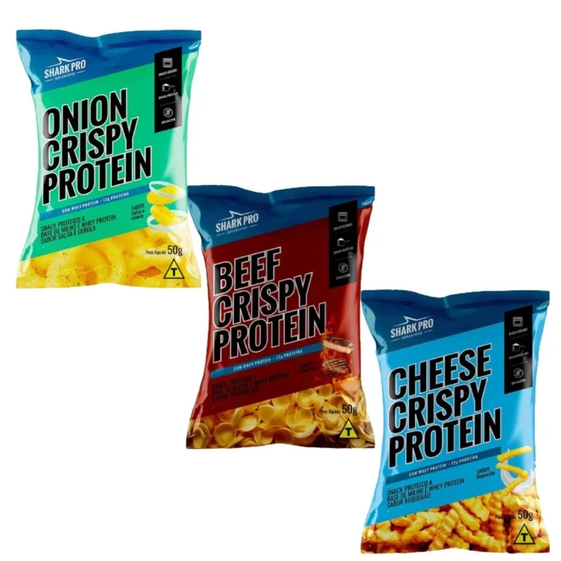 KIT 3 SNACK PROTEICO SALGADINHO COM WHEY PROTEIN CHURRASCO REQUEIJAO CEBOLA 50G - Shark Pro - Suplementos Alimentares