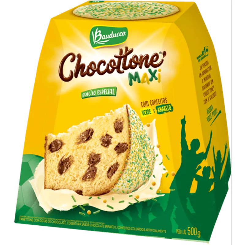 Panettone Com Gotas De Chocolate Cobertura Chocolate Branco E Confeito Bauducco Chocottone Maxi Caixa 500g Edição Especial Copa Do Mundo
