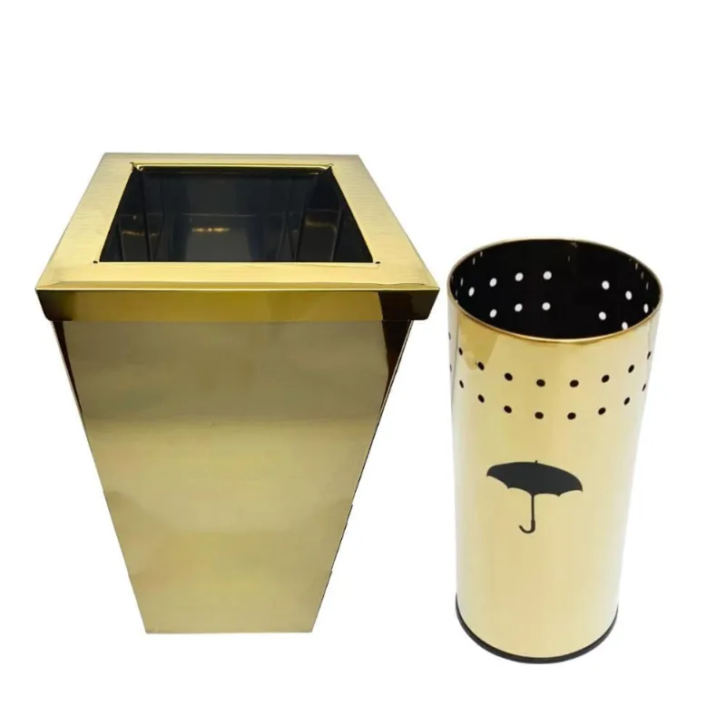 Kit Escritório Lixeira Aro E Porta Guarda Chuvas Dourado 15L
